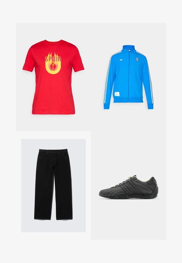 adidas Originals REAL MADRID ICON TRACK TOP - Klubové oblečenie - bluebird/white; Červené bavlnené tričko s žltým grafickým textom "SPAIN" a kruhovým logom s emblémom UEFA Euro v strede.; Čierne široké džínsy vyrobené z denimu. Obsahujú klasický dizajn s piatimi vreckami, zapínanie na gombík a zips a zosilnené švy.; adidas Originals ADIRACER UNISEX - Tenisky - core black/cream white