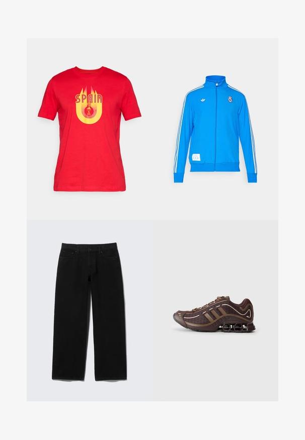 adidas Originals REAL MADRID ICON TRACK TOP - Club wear - bluebird/white; Red cotton t-shirt featuring yellow graphic text "SPAIN" and a circular logo with the UEFA Euro emblem in the center.; Black wide-leg jeans made of denim with five pockets, a front fly closure, and contrasting stitching details.; Brown athletic shoe with mesh and synthetic upper, featuring three stripes, detailed stitching, cushioned sole, and characteristic springy heel.