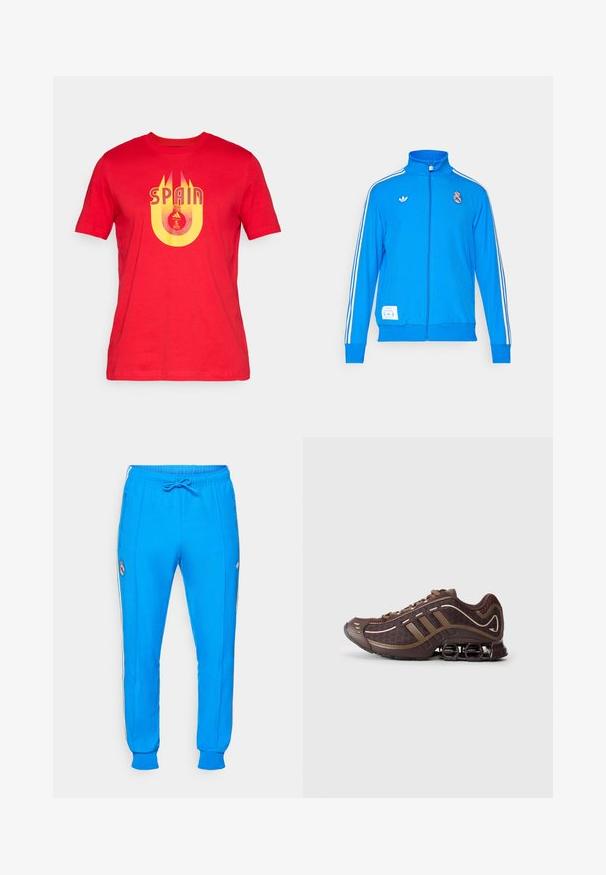 adidas Originals REAL MADRID ICON TRACK TOP - Fanartikel - bluebird/white; Rood katoenen T-shirt met gele grafische tekst "SPAIN" en een cirkelvormig logo met het UEFA Euro-embleem in het midden.; adidas Originals REAL MADRID ICON TRACK PANT - Fanartikel - bluebird/white; Bruin sportschoen met bovenkant van mesh en synthetisch materiaal, voorzien van drie strepen, gedetailleerde stiksels, tochtige zool en kenmerkende veerkrachtige hak.