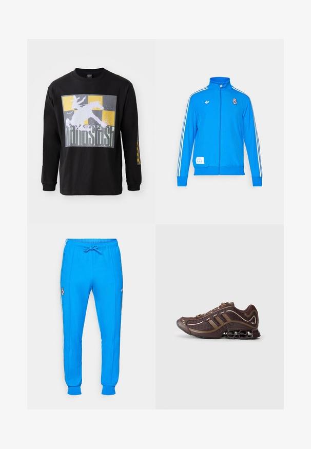 adidas Originals REAL MADRID ICON TRACK TOP - Klubbkläder - bluebird/white; Svart långärmad t-shirt med en stor grafik av en ryttare på en häst över en grå och guldrutad bakgrund. Tillverkad av bomull, standard passform.; adidas Originals REAL MADRID ICON TRACK PANT - Klubbkläder - bluebird/white; Brun atletisk sko med överdel i mesh och syntetmaterial, med tre ränder, detaljerad sömnad, vadderad sula och karakteristisk fjädrande häl.