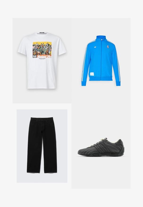 adidas Originals REAL MADRID ICON TRACK TOP - Sporto klubų atributika - bluebird/white; Balta medvilninė marškinėliai su spalvotu grafiniu spaudiniu, kuriame pavaizduota keletas veikėjų. Teksto užrašas sako "Savaitgalio pasiūlymas" stipriu oranžiniu šriftu.; Juodi plačios kojos džinsai, pagaminti iš džinsinio audinio. Su klasikinėmis penkių kišenių dizainu, mygtuko ir užtrauktuko uždarymu, taip pat sustiprinta siūlė.; adidas Originals ADIRACER UNISEX - Sportbačiai - core black/cream white