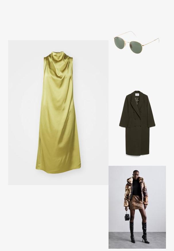 Mørkeolivengrøn dobbeltbrystet frakke med lange ærmer, klapkrave, to sidelommer og sorte knapper; glat stofstruktur.; Ærmeløs kjole med cowl-neck i livlig lys grøn silke, som har en blød tekstur og en flydende silhuet med sidespalter.; Pufferjakke med et brunt og sort mønster, parret med en brun slangeskinds mini nederdel, sorte støvler op til knæet og en lille sort taske.; Gul metalrammede solbriller med grønne linser, rund form, tynde stænger og hvide plastdetaljer på spidserne af armene.; Sort quiltet læderhåndtaske med en samlet top, guldkæde-rem og rektangulær form, holdt mod en ensfarvet baggrund.