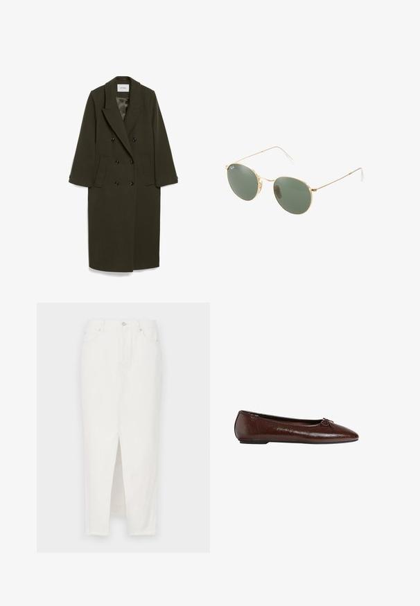 Ciemnooliwkowy płaszcz dwurzędowy z długimi rękawami, wyciętym kołnierzem, dwoma bocznymi kieszeniami i czarnymi guzikami; gładka faktura materiału.; Jasnobeżowy sweter z okrągłym dekoltem wykonany z miękkiej dzianiny. Posiada długie rękawy i ściągacze, ma luźny krój i minimalny design.; Biała spódnica dżinsowa z przednim rozcięciem, z zapięciem na guzik i zamek błyskawiczny, pięcioma kieszeniami oraz surowym dołem.; Brązowe skórzane baleriny o gładkiej fakturze, z ostro zakończonym noskiem i zdobieniem w postaci kokardy z przodu, z niską czarną gumową podeszwą.; Okulary przeciwsłoneczne w złotej metalowej oprawie z zielonymi soczewkami, o okrągłym kształcie, cienkich zausznikach i białych plastikowych akcentach na końcach ramion.; Woven oliwkowa torebka o zaokrąglonym kształcie i skręconym uchwycie. Teksturowana powierzchnia zdobiona jest diagonalnym wzorem. Zamek błyskawiczny.