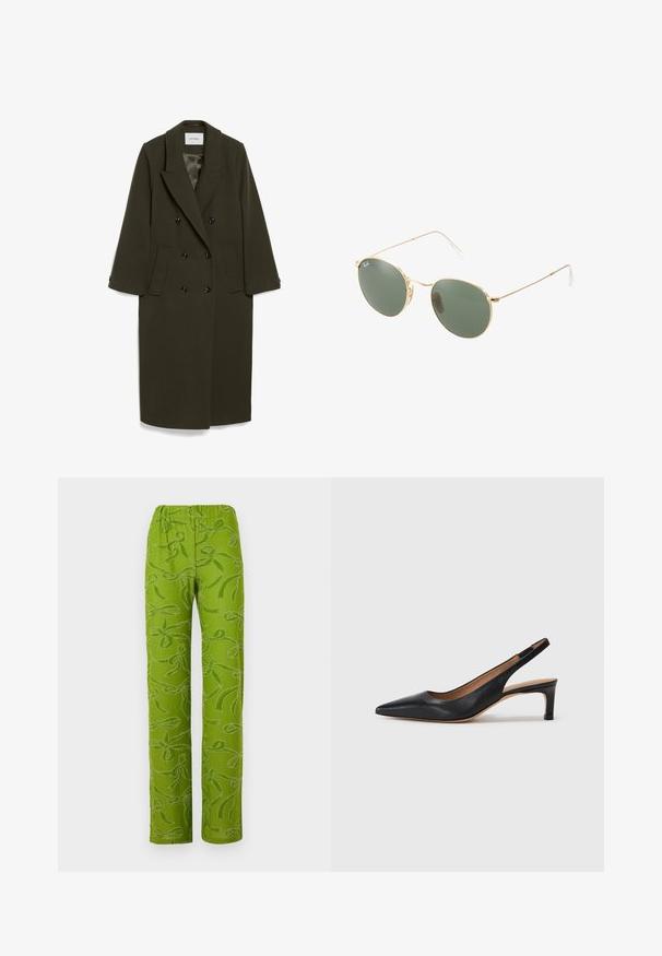 Tumši olīvzaļš dubultās atkārtojuma mētelis ar garām piedurknēm, izgrieztu apkakli, divām sānu kabatām un melnām pogām; vienmērīga auduma struktūra.; Baltas garām piedurknēm blūze, kas izgatavota no gludas auduma, ar kakla saišu un pielāgotām aprocēm. Vienkāršs, klasiskā dizaina bez rakstiem.; Stine Goya ELASTICATED STRAIGHT LONG PANTS - Auduma bikses - green; Melnas ādas siksnas un papēža kurpes ar vērstu purngalu, zemu papēdi un gludu tekstūru. Aprīkotas ar plānu regulējamu siksniņu drošai piegulšanai.; Zelta metāla rāmis saulesbrillēm ar zaļiem stikliem, apaļa forma, plānas kājiņas un baltas plastmasas akcenti uz roku galiem.