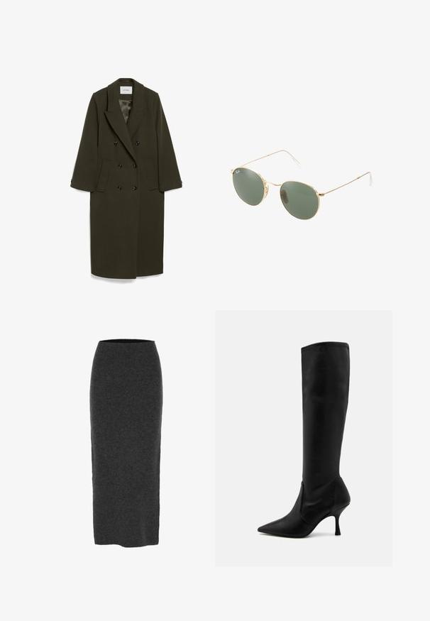 Manteau double boutonnage en vert olive foncé avec manches longues, col à revers, deux poches latérales et boutons noirs ; texture de tissu lisse.; Haut court à manches longues blanc en tissu doux. Doté d'un col rond et d'un design simple et épuré sans motifs ni embellissements.; Jupe crayon en tricot de couleur gris foncé, mi-longue, avec une coupe ajustée, texture lisse et taille élastique pour le confort.; Stuart Weitzman Bottes - black; Lunettes de soleil avec monture en métal doré, verres verts, forme ronde, branches fines et accents en plastique blanc aux extrémités des branches.