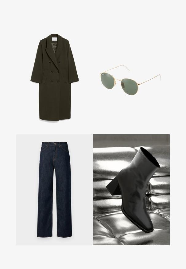 Tmavě olivově zelený dvouřadý kabát s dlouhými rukávy, klopovým límcem, dvěma bočními kapsami a černými knoflíky; hladká textilie.; Černý rolák vyrobený z elastického materiálu. Má dlouhé rukávy, přiléhavý střih a hladkou texturu bez vzorů či ozdob.; Tmavě modré džíny z denimu se střihy rovného nohavice, s vysokým pasem, pěti kapsami a měděnými prošitím.; Černá kotníková bota vyrobená z lesklého materiálu se čtveratou špičkou a zúženým podpatkem, umístěná na lesklém stříbrném prošívaném pozadí.; Sluneční brýle s metalickým zlatým rámem a zelenými skly, kulatého tvaru, s tenkými stranami a bílými plastovými akcenty na koncích ramen.; Burgundská kožená kabelka s zaobleným tvarem, zlatými detaily a texturovaným povrchem. Obsahuje zipové zapínání a nastavitelný popruh.