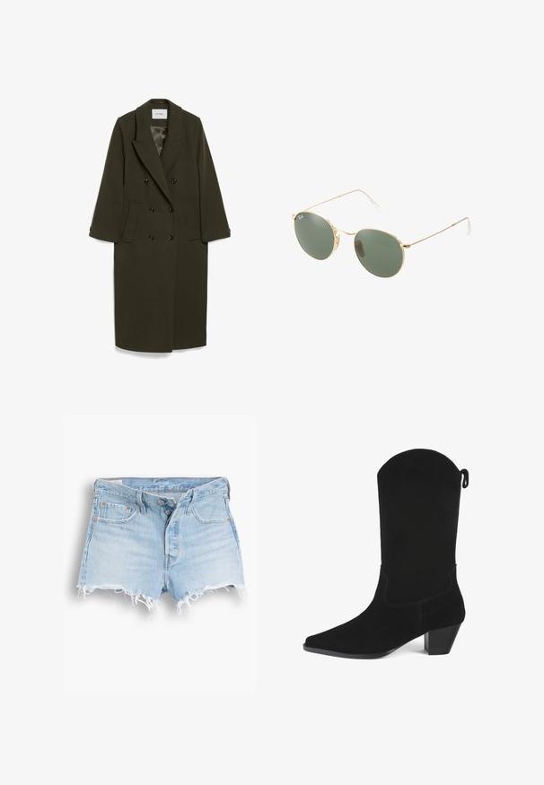 Cappotto doppiopetto verde oliva scuro con maniche lunghe, colletto a revers, due tasche laterali e bottoni neri; tessuto dalla consistenza liscia.; Canotta nera a costine con scollatura rotonda e logo ricamato in bianco. Il tessuto ha una texture liscia con una forma aderente.; Shorts in denim azzurro chiaro con vita alta, orlo sfrangiato, design a cinque tasche e cuciture a contrasto. Due bottoni sulla chiusura anteriore.; Stivale cowboy in suede nero con punta affusolata, un leggero tacco e un bordo superiore ondulato. Presenta cuciture minime e una linguetta sul retro per facilitare la calzata.; Occhiali da sole con montatura metallica dorata, lenti verdi, forma rotonda, aste sottili e dettagli in plastica bianca sulle punte delle aste.