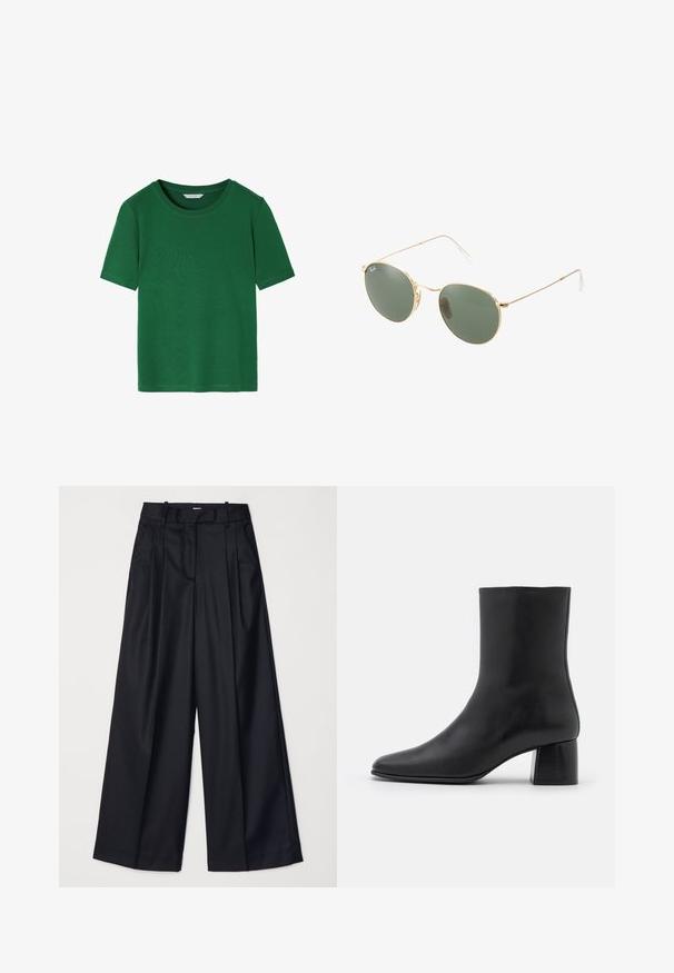 Temno olivno zeleno dvoredno plašč z dolgimi rokavi, izrezanim ovratnikom, dvema stranskima žepoma in črnimi gumbi; gladka tekstura blaga.; Zelena majica s kratkimi rokavi iz mehkega blaga. Ima zaobljen ovratnik in sproščen kroj s čistimi robovi. Brez vzorcev ali dodatkov.; Črne široke hlače iz gladkega blaga, z visokim pasom, naborki in prirejenim dizajnom. Preprosta črna strojna oprema na pasu.; Črne usnjene gležnjarje s koničastim nosom in masivnim kvadratnim peto. Gladka tekstura z brezšivnim dizajnom in minimalnim šivanjem.; Zlate sončne očala z zelenimi lečami, okrogle oblike, tanke ročice in bele plastične podrobnosti na konicah ročic.