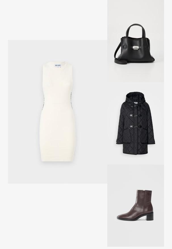 Casaco preto acolchoado com um padrão de diamante texturizado, capuz, fechos de toggle e dois bolsos frontais. Apresenta um acabamento em preto contrastante.; Vestido de malha sem mangas em branco, com um design ajustado, costuras laterais pretas, textura suave e sem adornos adicionais.; Bota de tornozelo de couro castanho escuro com bico quadrado, salto bloco e um discreto logotipo embossado próximo ao topo, sobre um fundo branco liso.; Bolsa de mão de couro preto com um acabamento texturizado, apresentando duas alças superiores, uma alça de ombro destacável e um detalhe de fecho prateado.