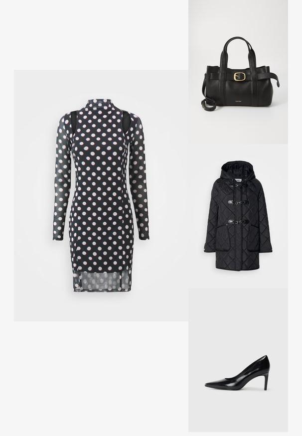 Zateplený černý kabát s texturovaným diamantovým vzorem, kapucí, uzávěry na tkaničky a dvěma předními kapsami. Má kontrastní černé lemování.; Černé šaty s dlouhým rukávem, na kterých jsou bílé a červené puntíky, vysoký límec, vykrojená ramena a mírně průhledná textura.; Černé kožené boty na vysokém podpatku s špičatou špičkou, hladkým povrchem a zúženým podpatkem. Minimalistický design, bez dalších ozdob.; Černá kožená kabelka s upraveným designem, dvojitými vrchními madly, pozlaceným přezkovým akcentem a vyraženým logem značky na přední straně.