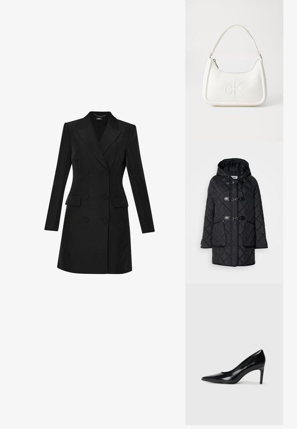 Zateplený černý kabát s texturovaným diamantovým vzorem, kapucí, uzávěry na tkaničky a dvěma předními kapsami. Má kontrastní černé lemování.; LIU JO STRETCH DOUBLE-BREASTED - Košilové šaty - black; Černé kožené boty na vysokém podpatku s špičatou špičkou, hladkým povrchem a zúženým podpatkem. Minimalistický design, bez dalších ozdob.; Bílá kožená kabelka s křivkovým tvarem, na přední straně s vyraženým logem "CK" a jediným ramenním popruhem. Zipový uzávěr na vrchu.
