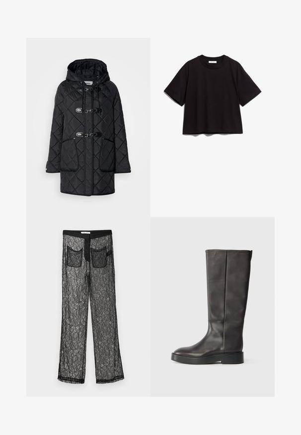 Polstrovaný čierny kabát s textúrovaným diamantovým vzorom, s kapucňou, zapínaním na uzávery a dvomi prednými vreckami. Obsahuje kontrastné čierne celkové prvky.; Čierne bavlnené crop tričko s okrúhlym výstrihom a krátkymi rukávmi. Má voľný strih a jednoduchý, nezdobený dizajn.; Samsøe Samsøe SAYLA TROUSERS - Nohavice - black; Čierne kožené čižmy po kolená s hrubou podrážkou a jemným logom Calvin Klein blízko horného okraja, zobrazené z boku.
