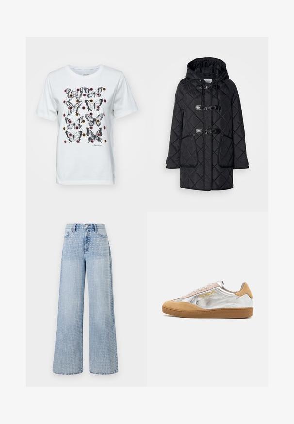 Manteau noir rembourré avec un motif en diamant texturé, une capuche, des fermetures à cordon et deux poches avant. Présente un liseré noir contrastant.; T-shirt en coton blanc avec un motif de papillons noirs et colorés accompagné d'accents ronds. Manches courtes et col rond.; Jean large bleu clair en denim, présentant un motif à pois sur le tissu et une taille haute avec un design classique à cinq poches.; Baskets en suède argent et beige avec une semelle en caoutchouc texturée, des lacets beiges et un logo imprimé en jaune sur le côté.