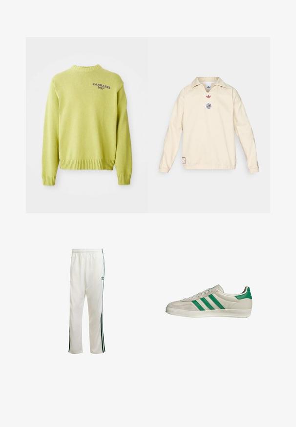 Cream pullover with a collar, features a small red logo and a circular graphic emblem on the chest. Elastic cuffs and hem.; Light green knitted sweater with a ribbed neckline and cuffs. Features a purple "Carhartt WIP" logo on the back, with a relaxed fit.; White athletic pants with green side stripes, elastic waistband, and a logo on the upper left side. Made from lightweight fabric.; Beige sneaker with green stripes, featuring a white sole and a smooth leather upper. Side view highlighting lace details and logo.
