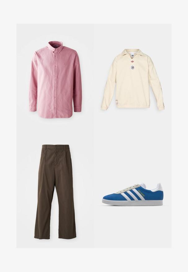 Kermanvärinen paita, jossa on kaulus, pieni punainen logo ja pyöreä graafinen merkki rinnassa. Joustavat hihansuut ja helma.; Pitkähiha, napitettava paita vaaleanpunaisesta kankaasta. Sisältää klassisen kauluksen, kuusi nappia edessä ja hillityn logon rinnassa.; Ruskeat, leveälahkeiset housut, jotka on valmistettu puuvillasta ja joissa on edessä nappisuljenta, vyölenkit sekä sileä, matteepinta.; adidas Originals ADIDAS GAZELLE SHOES - Sisäjalkapallokengät - real madrid/bluebird/footwear white/crew yellow