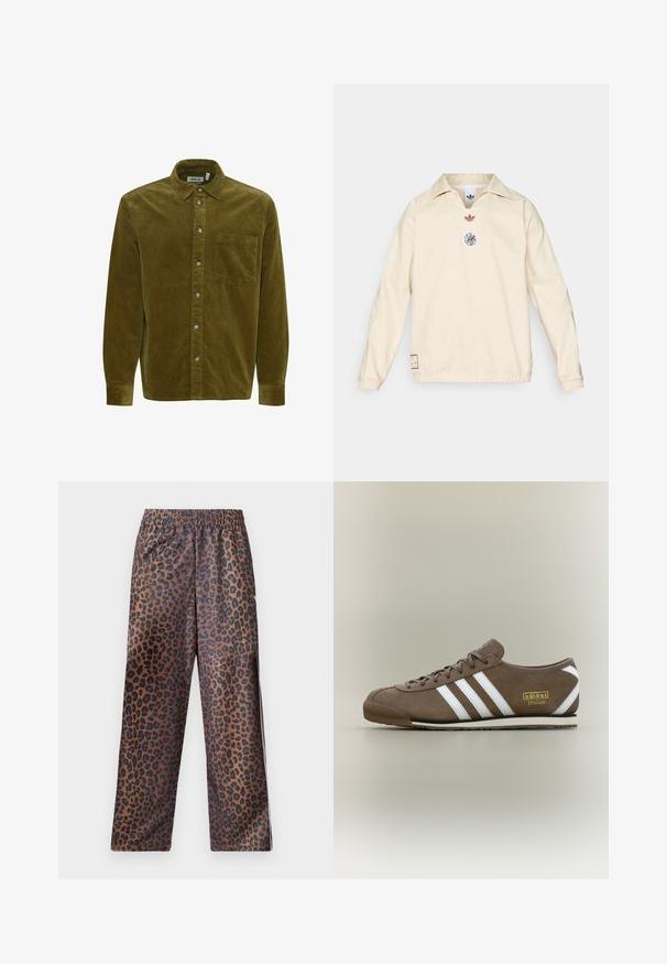 Cream pullover with a collar, features a small red logo and a circular graphic emblem on the chest. Elastic cuffs and hem.; Olive green corduroy shirt featuring a button-down collar, front pocket, and silver-tone buttons. Long sleeves with cuff detailing.; Leopard print pants with an elastic waistband. Made from a shiny fabric, featuring a brown base with black spots and a loose fit design.; Brown suede sneaker with three white stripes, flat rubber sole, round toe, and gold "adidas Italia" logo on the side.