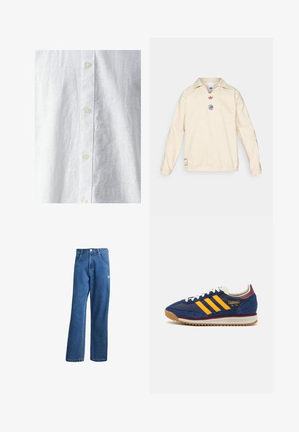 Krém pulóver gallérral, a mellrészen kis piros logóval és kör alakú grafikus emblémával. Rugalmas mandzsetták és szegély.; Fehér vászon ing texturált felülettel, elülső gombos kivágással és három látható gombbal. Klasszikus dizájn, minta nélkül.; Kék, magas derekú, bő szárú farmernadrág elülső zsebekkel, övhurkokkal, gombos záródással és kicsi Adidas logóval a jobb combon.; Sötétkék velúr sportcipő sárga cscsíkokkal, fehér fűzőkkel és bordeaux vörös kiegészítőkkel. Texturált talp barázdákkal a tapadás érdekében. Márkajelzés az oldalon.