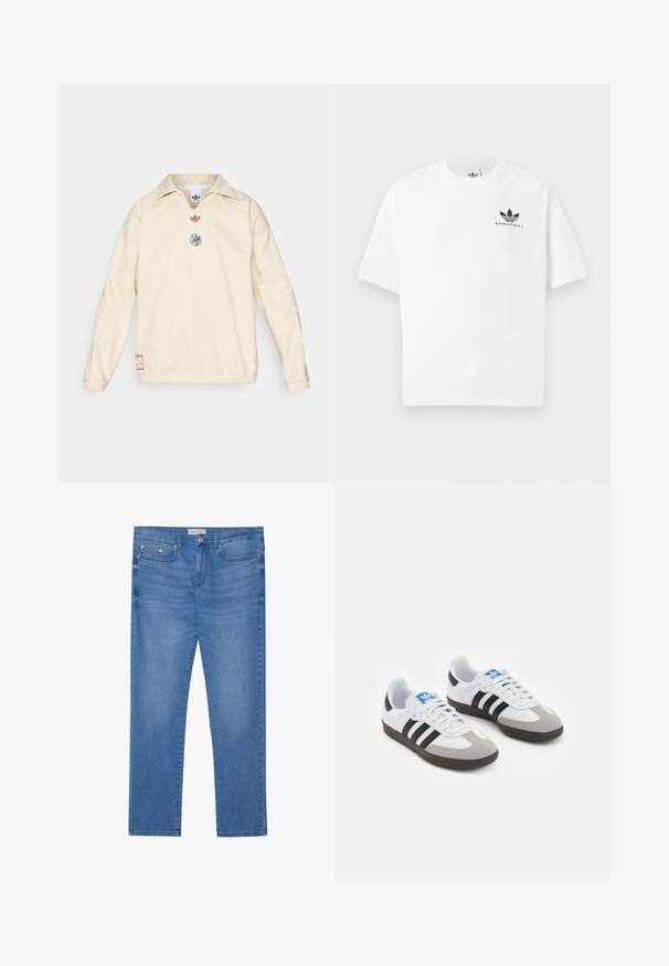 Kermanvärinen paita, jossa on kaulus, pieni punainen logo ja pyöreä graafinen merkki rinnassa. Joustavat hihansuut ja helma.; Valkoinen puuvillainen t-paita lyhyillä hihoilla, jossa edessä musta "BASKETBALL" -logo ja ikoninen kolmonen raidallinen kuvio.; Valkoiset farkut vaaleansinisellä sävyllä, suora lahje, viisi taskua, hillitty kuluminen ja metalliset yksityiskohdat vyötäröllä ja taskuissa.; Urheilukengät, joissa on valkoinen nahkainen päällinen, harmaa mokkanokka ja kolme mustaa raitaa. Ominaisuuksina sininen logo kielekkeessä ja kuvioitu kumipohja.