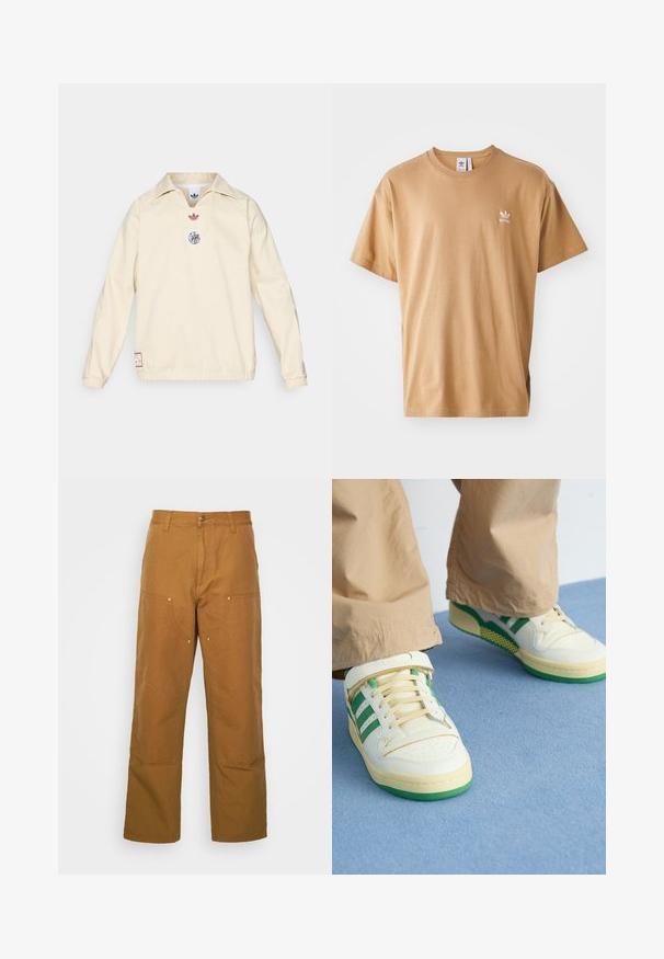 Kremfarget genser med krage, med en liten rød logo og et sirkulært grafisk emblem på brystet. Elastiske mansjetter og kant.; Brun bomull t-skjorte med rund hals og kort erme. Har en liten hvit Adidas-logo på venstre bryst. Myk tekstur, avslappet passform.; Brune bomull arbeidsbukser med rett ben-design, med frontlommer og metall detaljer for ekstra holdbarhet.; Hvite og grønne sneakers har en glatt skinn-overdel med grønne striper og en borrelåsrem. Sålen har en teksturert grønn detalj.