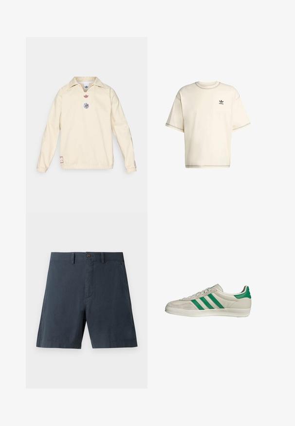 Cream pullover with a collar, features a small red logo and a circular graphic emblem on the chest. Elastic cuffs and hem.; Cream-colored oversized t-shirt made of cotton, features short sleeves, crew neckline, and black Adidas logo on the left chest.; Navy blue shorts made of cotton blend fabric, featuring a button closure, side pockets, and a straight-leg design.; Beige sneaker with green stripes, featuring a white sole and a smooth leather upper. Side view highlighting lace details and logo.