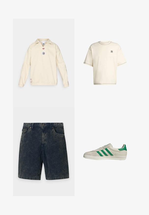 Roomkleurige pullover met kraag, voorzien van een klein rood logo en een cirkelvormig grafisch embleem op de borst. Elastische manchetten en zoom.; Crème-kleurige oversized t-shirt van katoen, met korte mouwen, ronde hals en zwart Adidas-logo op de linkerbovenborst.; Donkerblauwe corduroy shorts met knoopsluiting, twee voorzakken en subtiele lichtere strepen over de stof.; Beige sneaker met groene strepen, voorzien van een witte zool en een bovenkant van glad leer. Zijaanzicht dat de veters en het logo benadrukt.