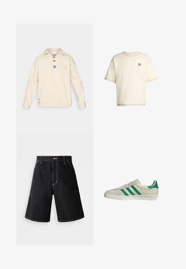 Pullover color crema con colletto, presenta un piccolo logo rosso e un emblema grafico circolare sul petto. Polsini e orlo elasticizzati.; T-shirt oversize color crema realizzato in cotone, con maniche corte, colletto rotondo e logo Adidas nero sul petto sinistro.; Shorts in denim nero con vestibilità ampia, cinque tasche e cuciture bianche a contrasto. Chiusura a bottoni in vita.; Sneaker beige con strisce verdi, con suola bianca e tomaia in pelle liscia. Vista laterale che evidenzia i dettagli dei lacci e il logo.