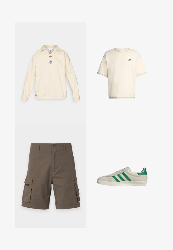Pull-over crème avec col, présentant un petit logo rouge et un emblème graphique circulaire sur la poitrine. Poignets et ourlet élastiques.; T-shirt surdimensionné de couleur crème en coton, avec des manches courtes, un col rond et un logo Adidas noir sur la poitrine gauche.; Shorts cargo en vert olive, fabriqués en coton, dotés de deux poches latérales, d'une fermeture à bouton et d'un design droit.; Baskets beiges avec des rayures vertes, dotées d'une semelle blanche et d'un dessus en cuir lisse. Vue de côté mettant en valeur les détails des lacets et le logo.