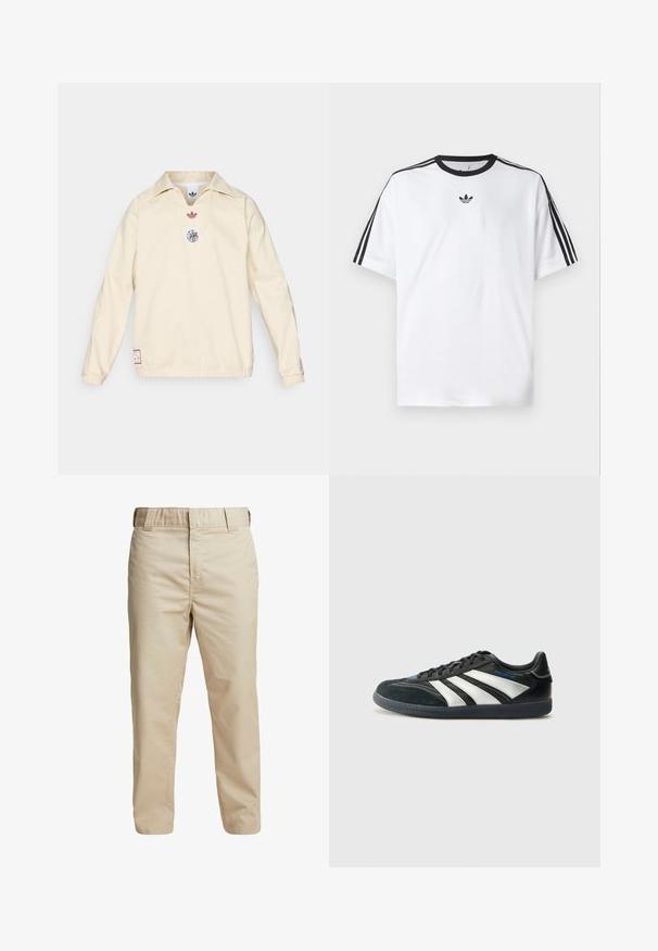 Cremefarbener Pullover mit Kragen, versehen mit einem kleinen roten Logo und einem runden grafischen Emblem auf der Brust. Elastische Bündchen und Saum.; Weißes T-Shirt aus Baumwolle mit einem schwarzen, runden Halsausschnitt und drei schwarzen Streifen auf jeder Schulter. Kleines schwarzes Logo auf der Brust.; Beige Baumwollhose mit schmaler Passform, geraden Beinen und Gürtelschlaufen; glatte Textur und minimalistisches Design ohne sichtbare Akzente.; adidas Performance PREDATOR FREESTYLE JUDE INDOOR FOOTBALL SHOES - Indoor-Fußballschuhe - core black/silver-coloured/glory blue