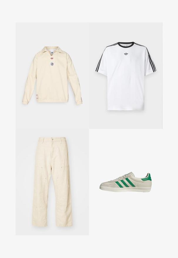 Cremefarbener Pullover mit Kragen, versehen mit einem kleinen roten Logo und einem runden grafischen Emblem auf der Brust. Elastische Bündchen und Saum.; Weißes T-Shirt aus Baumwolle mit einem schwarzen, runden Halsausschnitt und drei schwarzen Streifen auf jeder Schulter. Kleines schwarzes Logo auf der Brust.; Leinen-Hosen mit weitem Bein in hellbeige, ausgestattet mit Fronttaschen, einem Knopfverschluss und sichtbaren Nähten für zusätzliche Textur.; Beige Sneaker mit grünen Streifen, ausgestattet mit einer weißen Sohle und einem Obermaterial aus glattem Leder. Seitenansicht, die die Schnürdetails und das Logo hervorhebt.