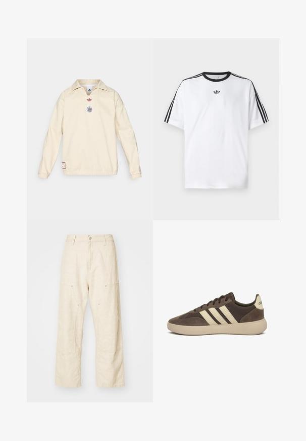 Jersey crema con cuello, presenta un pequeño logo rojo y un emblema gráfico circular en el pecho. Puños y dobladillo elásticos.; Camiseta blanca de algodón, con un cuello redondo negro y tres rayas negras en cada hombro. Pequeño logo negro en el pecho.; Pantalones de lino de pierna ancha en beige claro, con bolsillos frontales, cierre de botón y detalles de costura visibles para un toque adicional de textura.; Zapatilla de gamuza marrón con tres rayas blancas, punta redondeada, suela gruesa de goma y marca mínima en el talón.