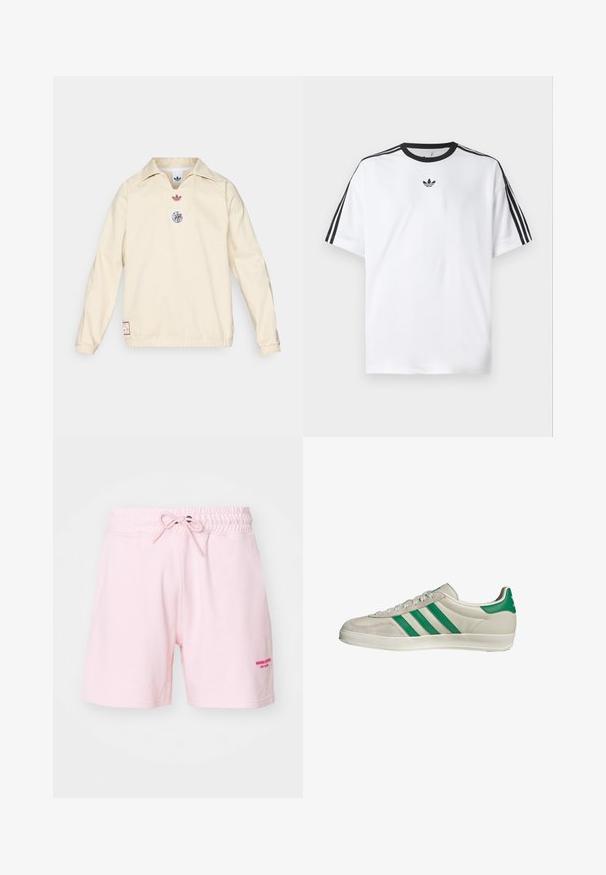 Cream pullover with a collar, features a small red logo and a circular graphic emblem on the chest. Elastic cuffs and hem.; White T-shirt made of cotton, featuring a black round neckline and three black stripes on each shoulder. Small black logo on the chest.; Light pink cotton shorts with an elastic waistband and drawstring. Features embroidered text in darker pink on the front right.; Beige sneaker with green stripes, featuring a white sole and a smooth leather upper. Side view highlighting lace details and logo.