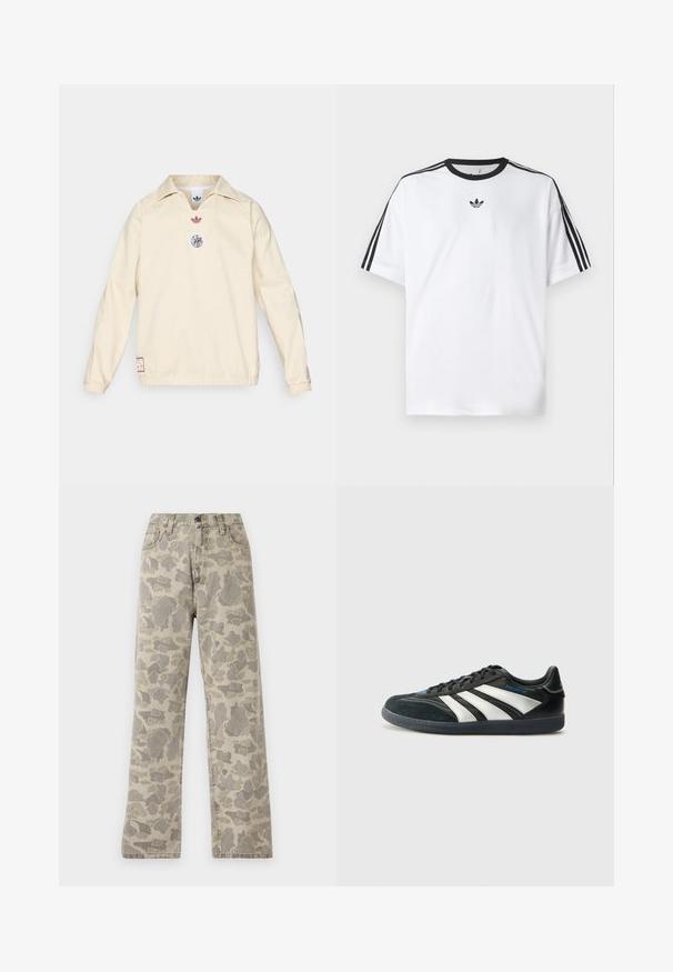 Krēmkrāsas džemperis ar apkakli, uz krūtīm ir neliels sarkans logotips un apaļa grafiska emblēma. Elastīgas aproces un apakšmala.; Baltā T-krekla izgatavots no kokvilnas, ar melnu apaļu kakla izgriezumu un trim melnām svītrām uz katra pleca. Mazs melns logo uz krūtīm.; Carhartt WIP LANDON PANT - Džinsi ar taisnām starām - grey/black; adidas Performance PREDATOR FREESTYLE JUDE INDOOR FOOTBALL SHOES - Futbola apavi iekštelpām - core black/silver-coloured/glory blue
