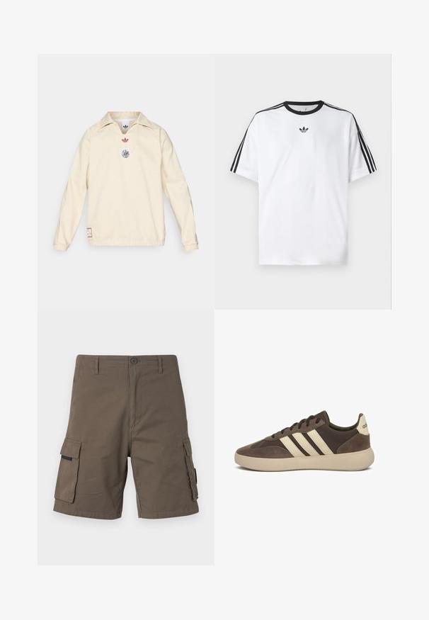 Cream pullover with a collar, features a small red logo and a circular graphic emblem on the chest. Elastic cuffs and hem.; White T-shirt made of cotton, featuring a black round neckline and three black stripes on each shoulder. Small black logo on the chest.; Cargo shorts in olive green, made from cotton, featuring two side pockets, a button closure, and a straight leg design.; Brown suede sneaker with three white stripes, rounded toe, thick rubber sole, and minimal branding on the heel.