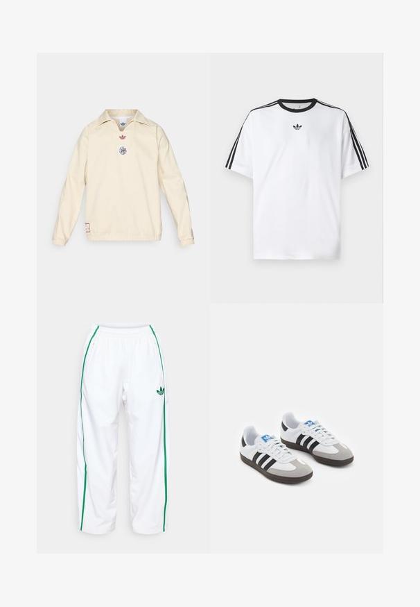 Roomkleurige pullover met kraag, voorzien van een klein rood logo en een cirkelvormig grafisch embleem op de borst. Elastische manchetten en zoom.; Witte T-shirt van katoen, met een zwarte ronde halslijn en drie zwarte strepen op elke schouder. Klein zwart logo op de borst.; Witte trainingsbroek met groene zijstrepen, elastische tailleband en twee met rits afsluitbare zakken. Gemaakt van gladde, lichte stof.; Sportschoenen met een witte leren bovenkant, grijze suède neus en drie zwarte strepen. Bevat een blauw logo op de tong en een gestructureerde rubberen zool.
