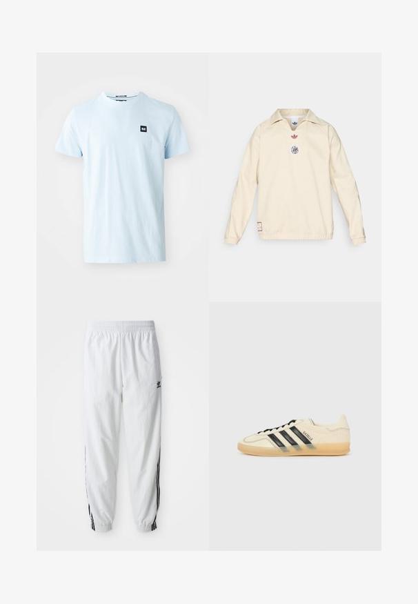 Krémový pulovr s límečkem, obsahuje malé červené logo a kruhový grafický emblém na hrudi. Elastické manžety a lem.; Světle modré bavlněné tričko s kulatým výstřihem a krátkými rukávy. Na levé části hrudi má malé černé čtvercové logo.; Bílé sportovní kalhoty s černými bočními pruhy, elastickým pasem a manžetami; na levém stehně je logo Adidas. Hladká textilie.; Světle krémové tenisky s černým designem tří pruhů,Texturovaný svršek, kulatá špička a gumová podešev. Obsahují šněrování a branding po straně.