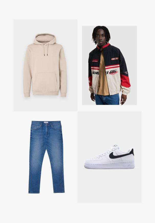 FUBU jakna v črni, bež in rdeči barvi. Ima stoječ ovratnik, zadrgo spredaj in logotipne poudarke. Narejena iz lahkotnega materiala z elastičnimi manšetami.; Kapuca s kapuco v svetli bež barvi, izdelana iz mehke tkanine. Ima sprednji žep in nastavljive vrvice z črnimi konicami. Rebri na manšetah.; Modra jeans hlače s ravnim krojem, ki vključujejo sprednje žepke, šivane šive in klasično gumbno zapiranje.; Bela usnjena tene s teksturiranim črnim Swooshom, ravnimi vezalkami in gumijastim podplatom z rebrastim vzorcem. Na peti je embosirano "AIR".