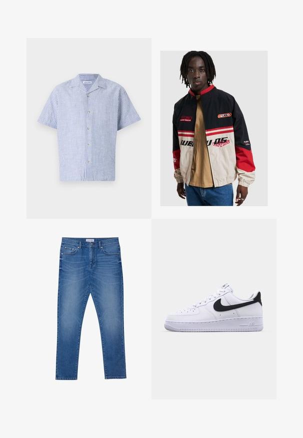 Jachetă FUBU în negru, bej și roșu. Dispune de un guler în picioare, fermoar frontal și accente cu logo. Confecționată din material ușor, cu manșete elastice.; Cămașă cu mânecă scurtă, în dungi verticale albastre și albe, având guler și închidere cu cinci butoane, realizată dintr-un material ușor.; Jeans din denim albastru cu un design drept, având buzunare frontale, cusături și o închidere clasică cu nasture.; Adidași din piele albă cu un Swoosh negru texturat, șireturi plate și o talpă din cauciuc cu un model zimțat. "AIR" este embosat pe călcâi.