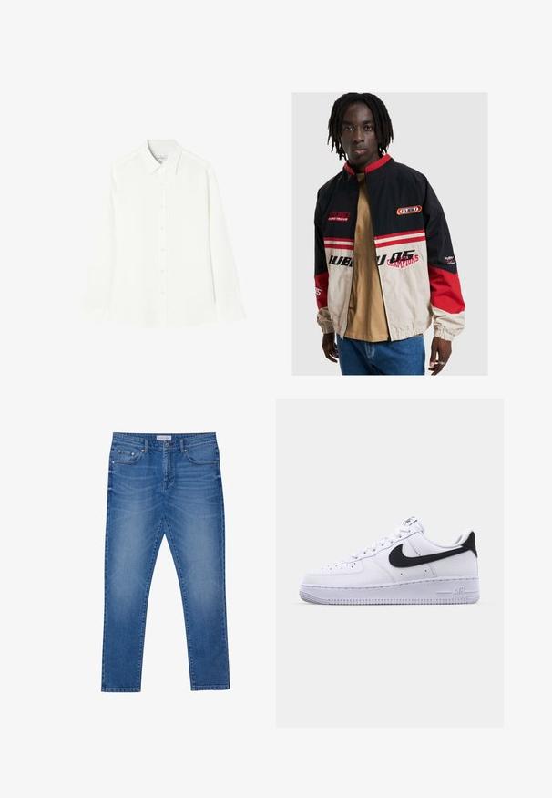FUBU jakke i sort, beige og rød. Har en stående krave, lynlås foran og logo accenter. Fremstillet af letvægtsmateriale med elastiske manchetter.; Hvid langærmet skjorte lavet af en glat stof, med knaplukning fortil, klassisk krave og lige kant med afrundede sider.; Hvid bomulds tanktop med rund halsudskæring, brede skulderstropper og lige kant, der har en glat tekstur og uden synlige mønstre.; Blå denim jeans med lige ben-design, der har forlommer, syede sømme og en klassisk knaplukning.; Hvide lædersneakers med en struktureret sort Swoosh, flade snørebånd og en gummisål med et rillemønster. "AIR" er præget på hælen.