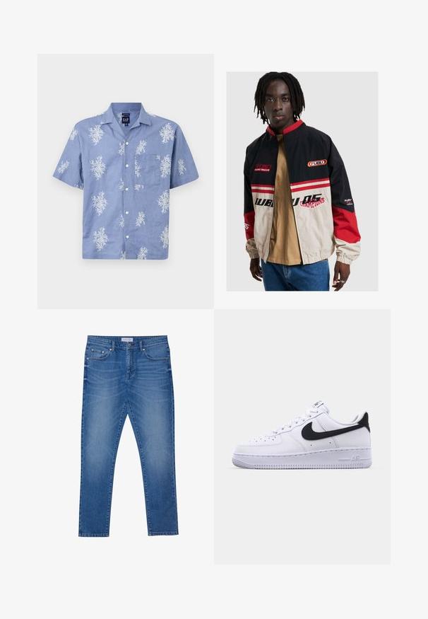 FUBU-Jacke in Schwarz, Beige und Rot. Mit Stehkragen, Reißverschluss vorne und Logo-Akzenten. Aus leichtem Material gefertigt mit elastischen Bündchen.; Kurzärmeliges, blaues Hemd aus leichtem Material mit einem weißen Blumenmuster und einer Brusttasche. Knopfleiste und Kragen-Design.; Blaue Jeans aus Denim mit geradem Bein, ausgestattet mit Fronttaschen, gesteppten Nähten und einem klassischen Knopfverschluss.; Weißes Leder-Sneaker mit einem strukturierten schwarzen Swoosh, flachen Schnürsenkeln und einer Gummisohle mit genoppetem Muster. "AIR" ist auf der Ferse eingeprägt.