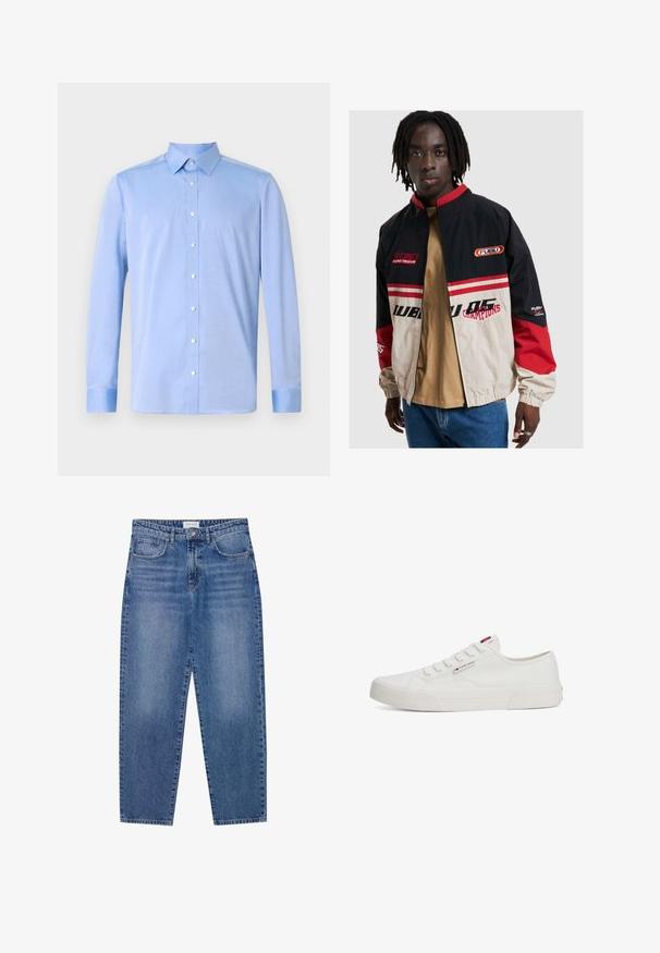 FUBU-jacka i svart, beige och röd. Har en ståkrage, dragkedja framtill och logodetaljer. Tillverkad av lätt material med elastiska ärmavslut.; Ljusblå skjorta med knappar framtill, långa ärmar, klassisk krage och vita knappar. Tyget ser slätt ut med en subtil textur.; Blå denimjeans med hög midja, rak benform och blekt utseende. Har fem fickor och knappstängning.; Vita canvas sneakers med en platt gummisula, rund tå och fem par hål för snörning, med en liten logotagg på sidan.