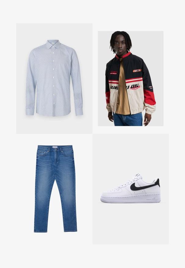 FUBU bunda v černé, béžové a červené barvě. Disponuje stojáčkem, zipovým zapínáním a akcenty s logem. Vyrobena z lehkého materiálu s elastickými manžetami.; Světle modrá košile s dlouhým rukávem a geometrickým vzorem, s bílými knoflíky, špičatým límcem a uvolněným střihem.; Modré denimové džíny s rovnými nohavicemi, předními kapsami, prošívanými švy a klasickým zapínáním na knoflík.; Bílé kožené tenisky s texturovaným černým Swooshem, plochými tkaničkami a gumovou podrážkou s drážkovaným vzorem. Na patě je embosováno "AIR".