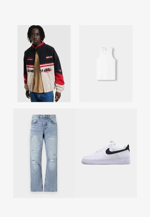 Kurtka FUBU w kolorach czarnym, beżowym i czerwonym. Posiada kołnierz stojący, zamek z przodu oraz akcenty z logo. Wykonana z lekkiego materiału z elastycznymi mankietami.; Biały bawełniany top na ramiączkach z okrągłym dekoltem, szerokimi ramiączkami i prostym dołem, charakteryzujący się gładką teksturą i brakiem widocznych wzorów.; Jasnoniebieskie dżinsy z prostymi nogawkami, z przetartymi dziurami na kolanach i klasycznym pięciopocketowym stylem.; Białe skórzane sneakersy z teksturowanym czarnym Swooshem, płaskimi sznurowadłami i gumową podeszwą z żłobionym wzorem. Na pięcie wytłoczone jest słowo "AIR".