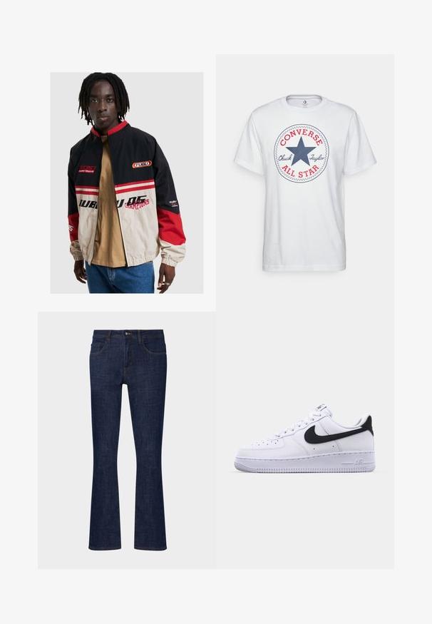 FUBU jaka melnā, bežā un sarkanā krāsā. Iekļauj stāvošu apkakli, rāvējslēdzēja priekšpusi un logotipa akcentus. Izgatavots no viegla materiāla ar elastīgiem rokām.; Balts kokvilnas t-krekls ar apļveida grafiku, kurā ir zila zvaigzne, sarkans teksts "CONVERSE" un "Chuck Taylor ALL STAR". Īsas piedurknes, ikdienišķs piegriezums.; Tumši zili denimo bikses ar izplestām kājām, vidēja augstuma jostasvietu, pieciem kabatām un kontrastējošām šuvēm. Gluda tekstūra ar minimālu nolietojumu.; Balti ādas kedas ar strukturētu melnu Swoosh, plakaniem šņorēm un gumijas zoli ar rievotu rakstu. Uz papēža ir iepresēts vārds "AIR".