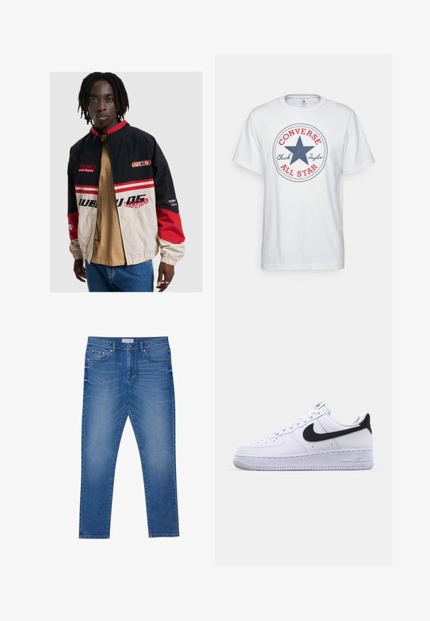 FUBU jakk mustas, beežis ja punases. Omab seisvat kaelust, lukuga eesmist avamist ja logo aktsente. Valmistatud kergest materjalist, millel on elastsed varrukakohtade äärised.; Valge puuvillane t-särk, millel on ringikujuline graafika sinise tähega, punane "CONVERSE" ja tekst "Chuck Taylor ALL STAR". Lühikesed varrukad, mugav lõige.; Sinine denimpüksid sirge jala disainiga, ees taskutega, õmblustega ja klassikalise nupuga sulgemisega.; Valge nahast toss musta tekstuuriga Swooshiga, lamedate nööridega ja kummist tallaga, millel on sooneline muster. "AIR" on reljeefne kandadel.