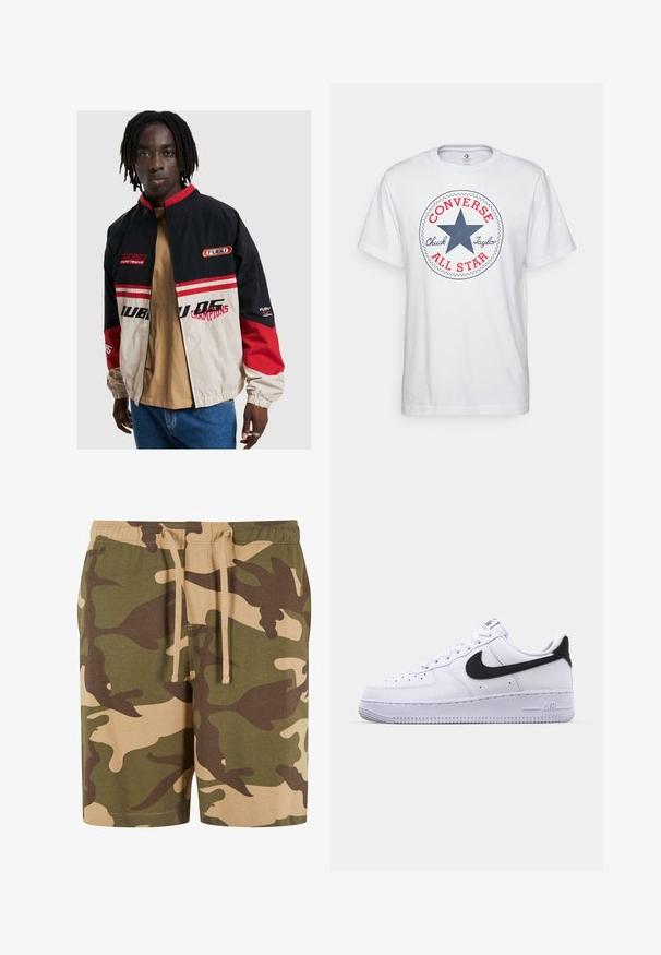 FUBU-jack in zwart, beige en rood. Voorzien van een staande kraag, ritssluiting aan de voorkant en logo-accenten. Gemaakt van lichtgewicht materiaal met elastische boorden.; Witte katoenen t-shirt met een ronde grafische afbeelding van een blauwe ster, rode tekst "CONVERSE" en "Chuck Taylor ALL STAR". Korte mouwen, casual pasvorm.; Camo shorts van een katoenmix met groene, bruine en beige patronen. Voorzien van een elastische tailleband met koord. Casual pasvorm en knielange snit.; Witte leren sneaker met een gestructureerde zwarte Swoosh, platte veters en een rubberen zool met een geribbeld patroon. "AIR" is in de hak geperst.