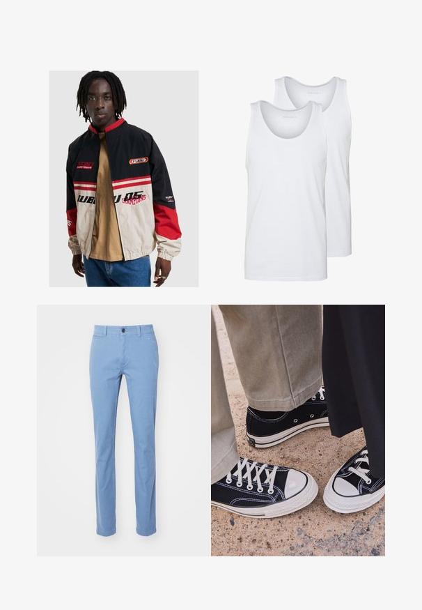 FUBU striukė juodos, smėlinės ir raudonos spalvos. Yra su stovinčia apykakle, užtrauktuku priekyje ir logotipo akcentais. Pagaminta iš lengvos medžiagos, turi lanksčius rankogalius.; Baltos medvilninės tankų marškiniai su apvaliais kaklais, turintys lygią tekstūrą. Du vienetai rodomi, pažymėti "PIER ONE."; Šviesiai mėlyni tiesūs chinos kelnių iš medvilnės audinio. Turi priekinį mygtuko užsegimą, diržo kilpas ir priekinės kišenes. Glotni tekstūra.; Juodi kanvasiniai sportbačiai su baltais gumos pirštais ir virvutėmis. Kontrastingos siūlės ir metaliniai akių laikikliai suteikia detalumą. Dėvimi su smėlio spalvos kelnėmis ir juoda medžiaga.