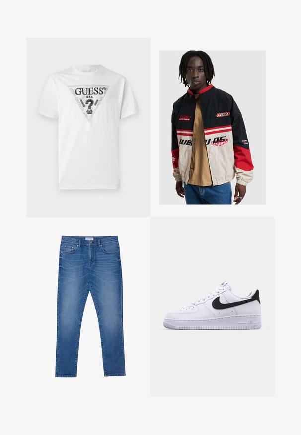 FUBU jakna u crnoj, bež i crvenoj boji. Ima stojeći ovratnik, prednji zip i akcentirane logotipe. Izrađena je od laganog materijala s elastičnim manžetama.; Bijela pamučna majica s crnim i šarenim trokutastim logotipom s natpisom. Kratki rukavi i okrugli izrez, glatkoga tekstura.; Plave traperice s ravnim nogavicama, koje imaju prednje džepove, šivane šavove i klasično dugme za zatvaranje.; Bijele kožne tenisice s teksturiranim crnim Swoosh-om, ravnim vezicama i gumenim potplatom s rebrenastim uzorkom. "AIR" je utisnut na peti.