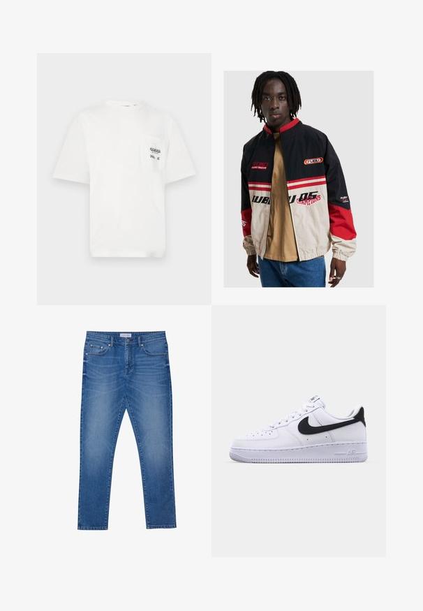 FUBU jakk mustas, beežis ja punases. Omab seisvat kaelust, lukuga eesmist avamist ja logo aktsente. Valmistatud kergest materjalist, millel on elastsed varrukakohtade äärised.; Valge puuvillane t-särk ümarate kaelustega, lühikeste varrukatega ja vasakul rinnakotiga, millel on tekst "ODESSA" ja ruudulised aktsendid.; Sinine denimpüksid sirge jala disainiga, ees taskutega, õmblustega ja klassikalise nupuga sulgemisega.; Valge nahast toss musta tekstuuriga Swooshiga, lamedate nööridega ja kummist tallaga, millel on sooneline muster. "AIR" on reljeefne kandadel.