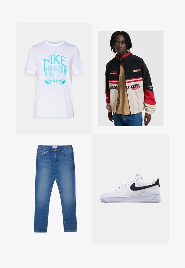 FUBU-jack in zwart, beige en rood. Voorzien van een staande kraag, ritssluiting aan de voorkant en logo-accenten. Gemaakt van lichtgewicht materiaal met elastische boorden.; Witte T-shirt met korte mouwen van zacht materiaal, met een turkooizen Nike-logo en een basketbalafbeelding gedrukt op de voorkant.; Blauwe denim jeans met een rechte pasvorm, voorzien van voorkruiden, gestikte naden en een klassieke knoopsluiting.; Witte leren sneaker met een gestructureerde zwarte Swoosh, platte veters en een rubberen zool met een geribbeld patroon. "AIR" is in de hak geperst.