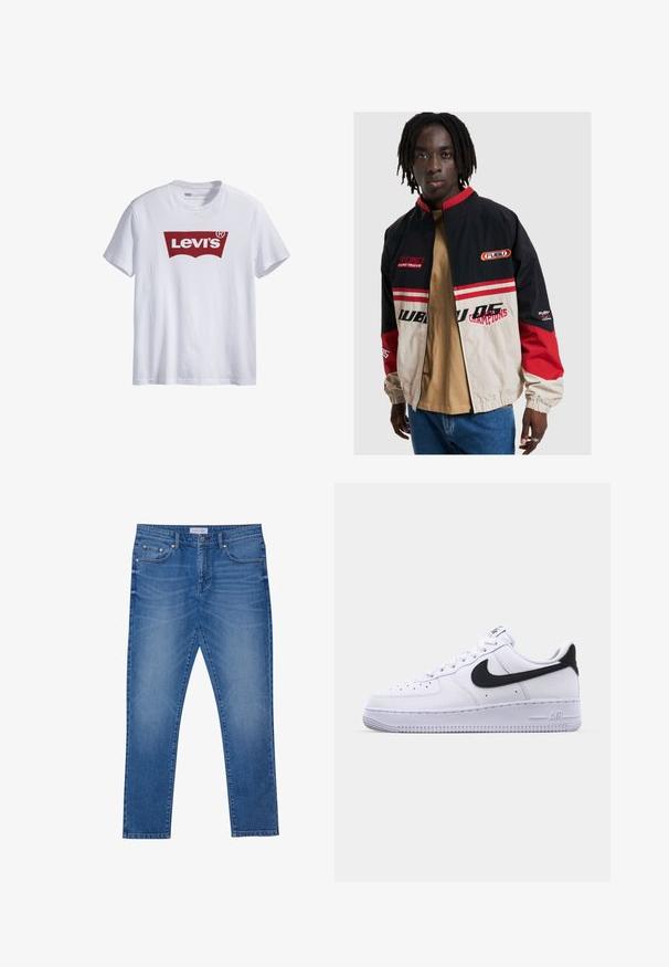 FUBU-jacka i svart, beige och röd. Har en ståkrage, dragkedja framtill och logodetaljer. Tillverkad av lätt material med elastiska ärmavslut.; Vit bomulls t-shirt med en stor röd Levi's logotyp centrerad på bröstet; korta ärmar och rund halsringning.; Blå denimjeans med rak bendesign, försedda med framfickor, sydda sömmar och en klassisk knappstängning.; Vita lädersneakers med en texturerad svart Swoosh, platta snören och en gummisula med ett räfflat mönster. "AIR" är präglat på hälen.